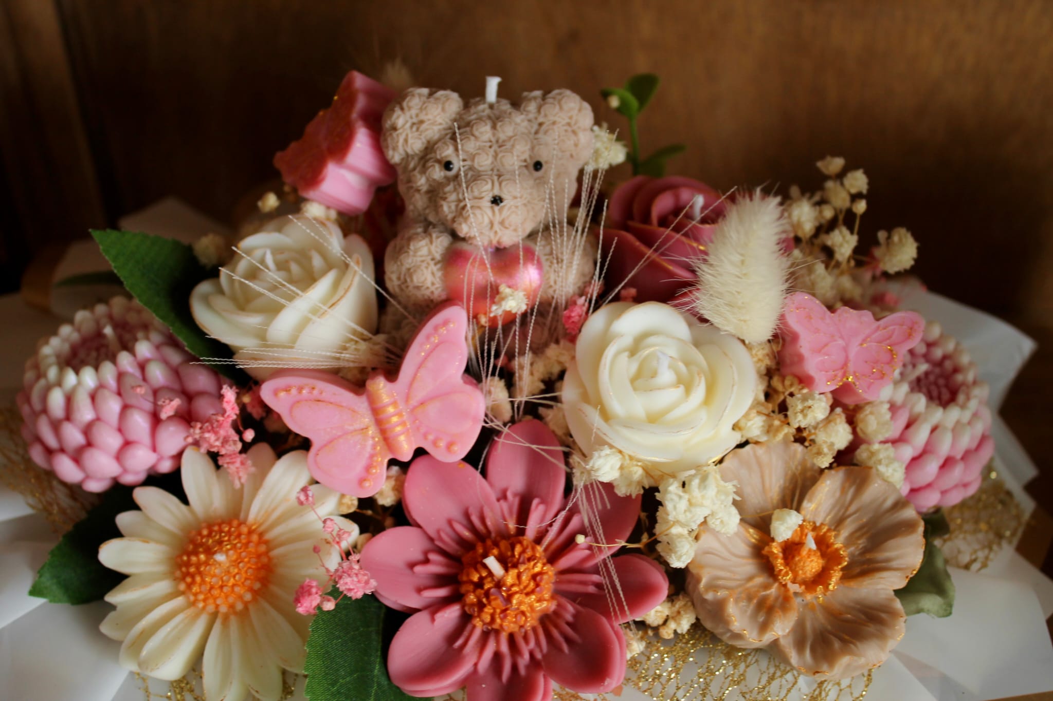 bouquet bougies fleurs ourson papillons cire artisanale cadeau flamme eternelle